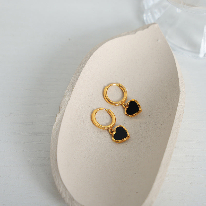 14K black drop glaze peach heart earrings