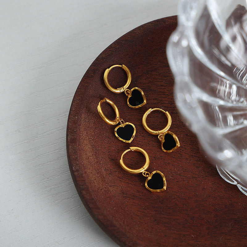 14K black drop glaze peach heart earrings