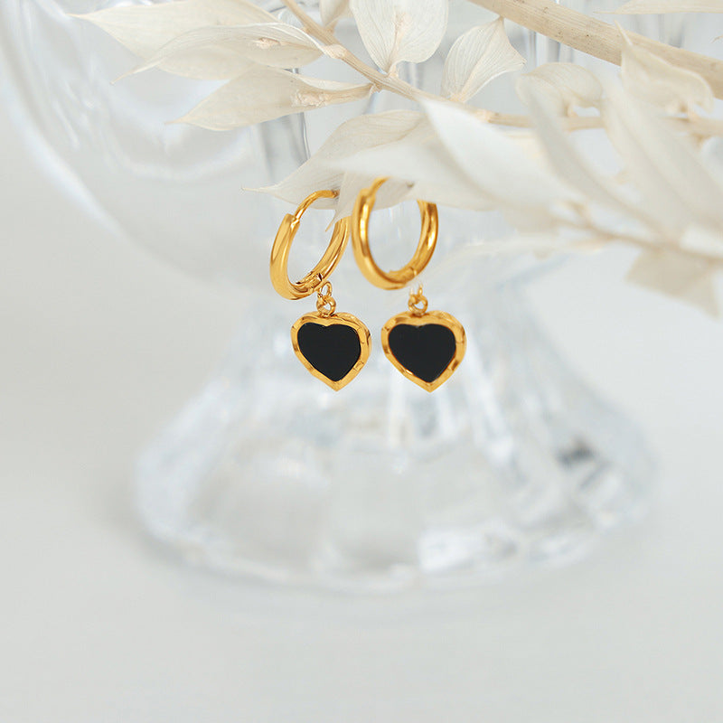 14K black drop glaze peach heart earrings
